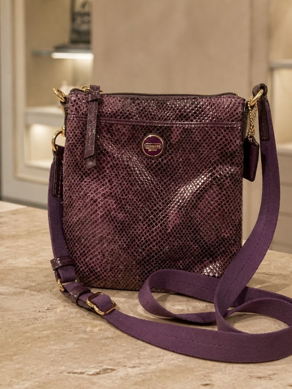 Coach Siqnature Stripe Python Exotic Leather Swingpack Purple Bag